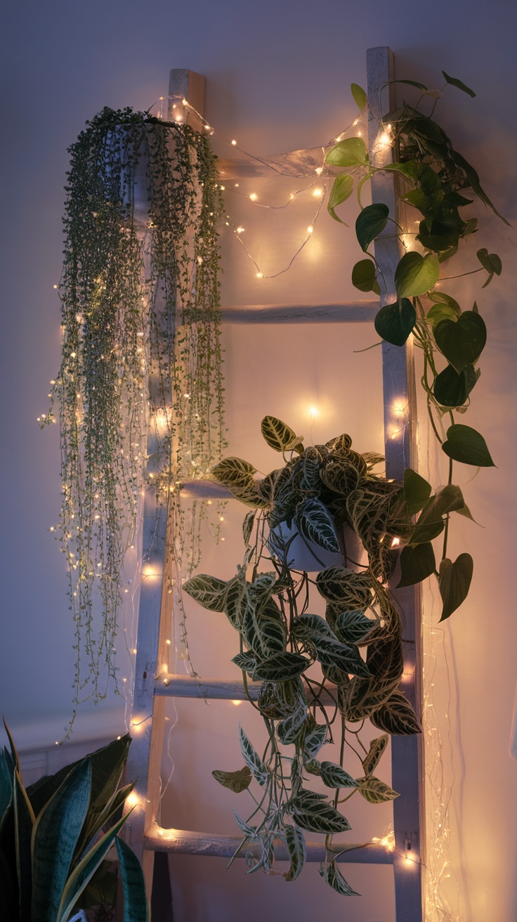 A wooden ladder with hanging plants and fairy lights, creating a cozy indoor atmosphere.