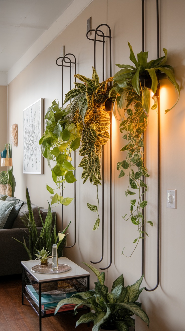 Indoor space with hanging plants illuminated by LED grow lights, showcasing a stylish arrangement.