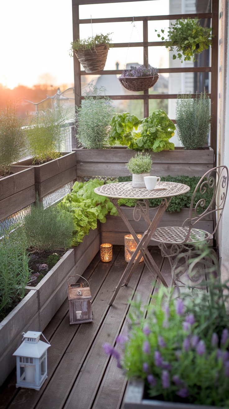 A cozy balcony garden with herbs and a small table.