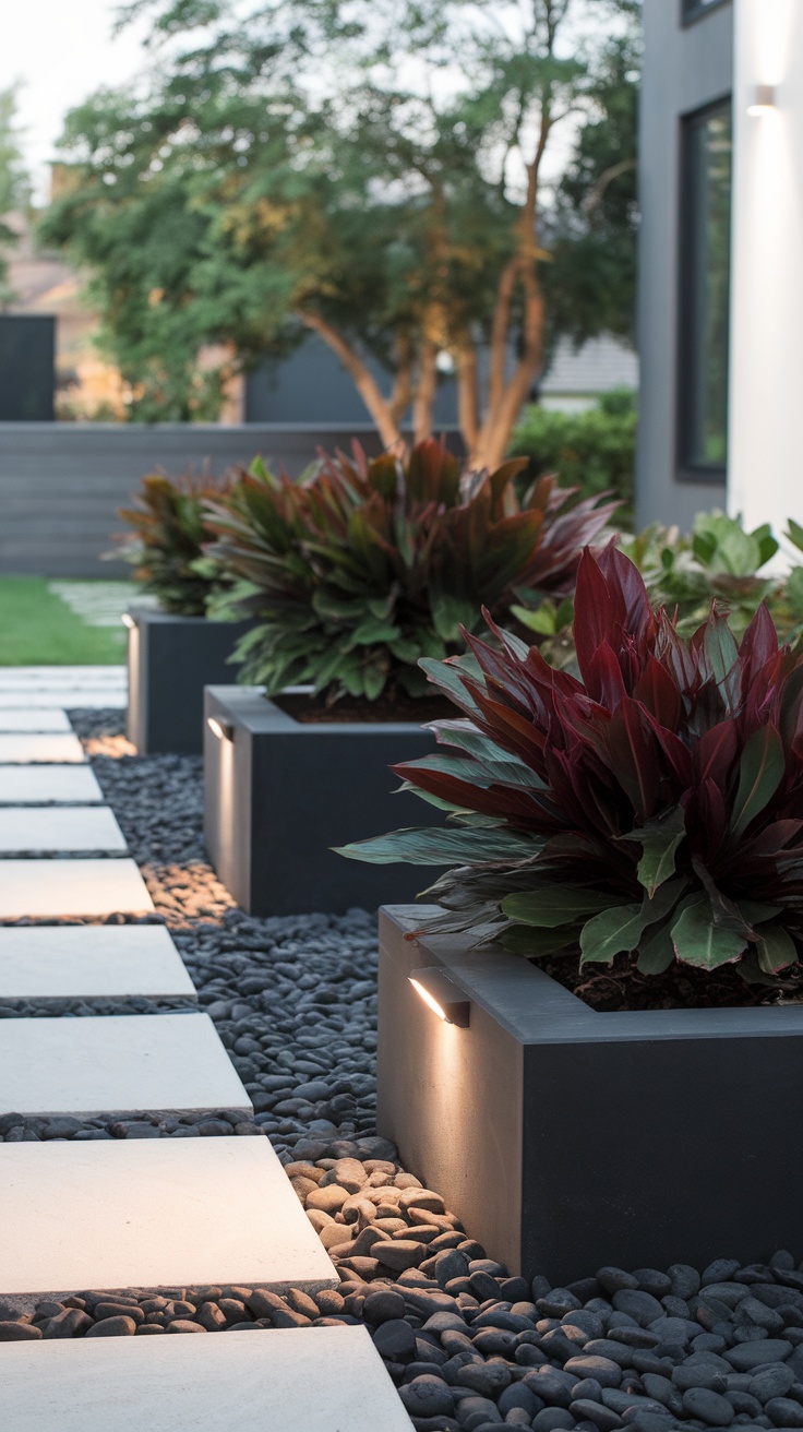 A modern garden with black planter boxes, vibrant plants, and a light-colored pathway.