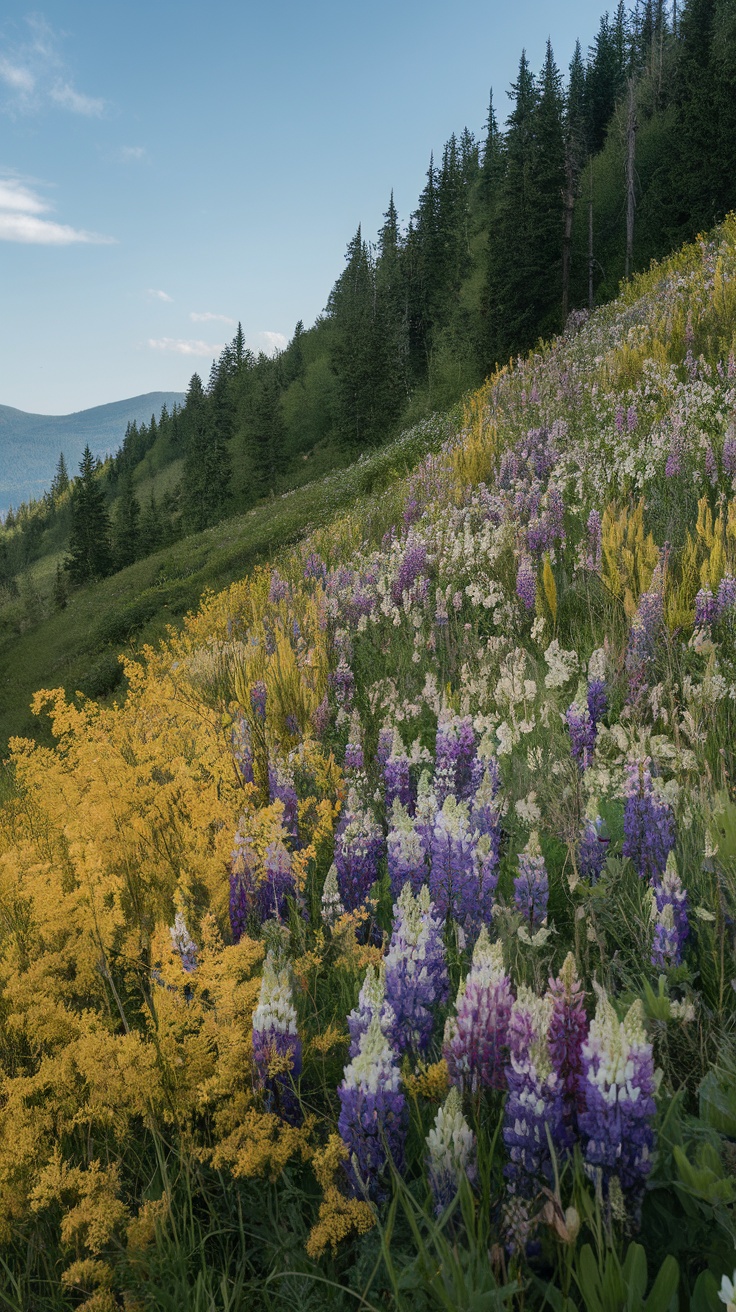 A colorful hillside wildflower garden filled with yellow, purple, and white flowers against a backdrop of trees and mountains.