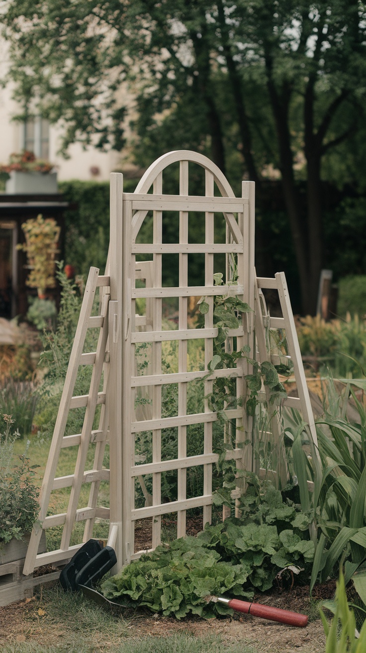 Wooden hinged foldable trellis in a garden with climbing plants