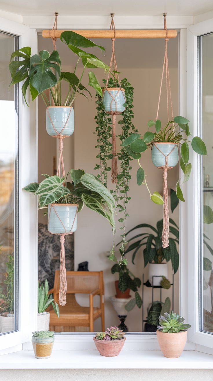 A bay window displaying an indoor hanging garden with various plants in stylish pots.