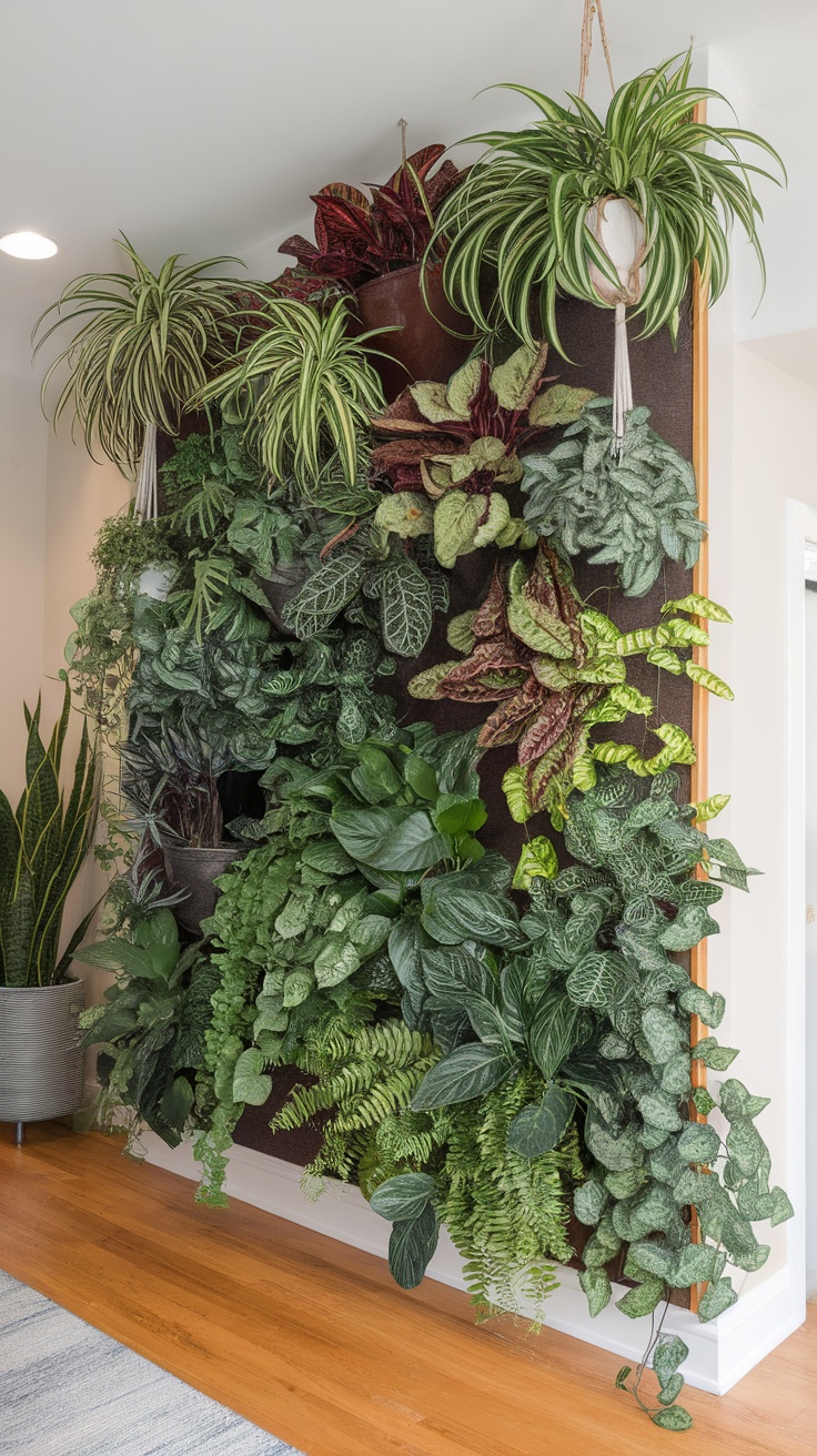 A vertical wall garden featuring various indoor hanging plants, showcasing different colors and textures.