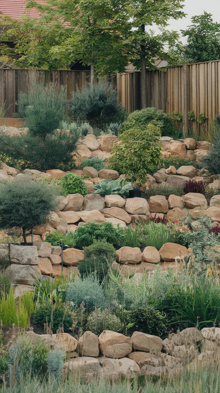 A sloped garden integrated with boulders and various plants.