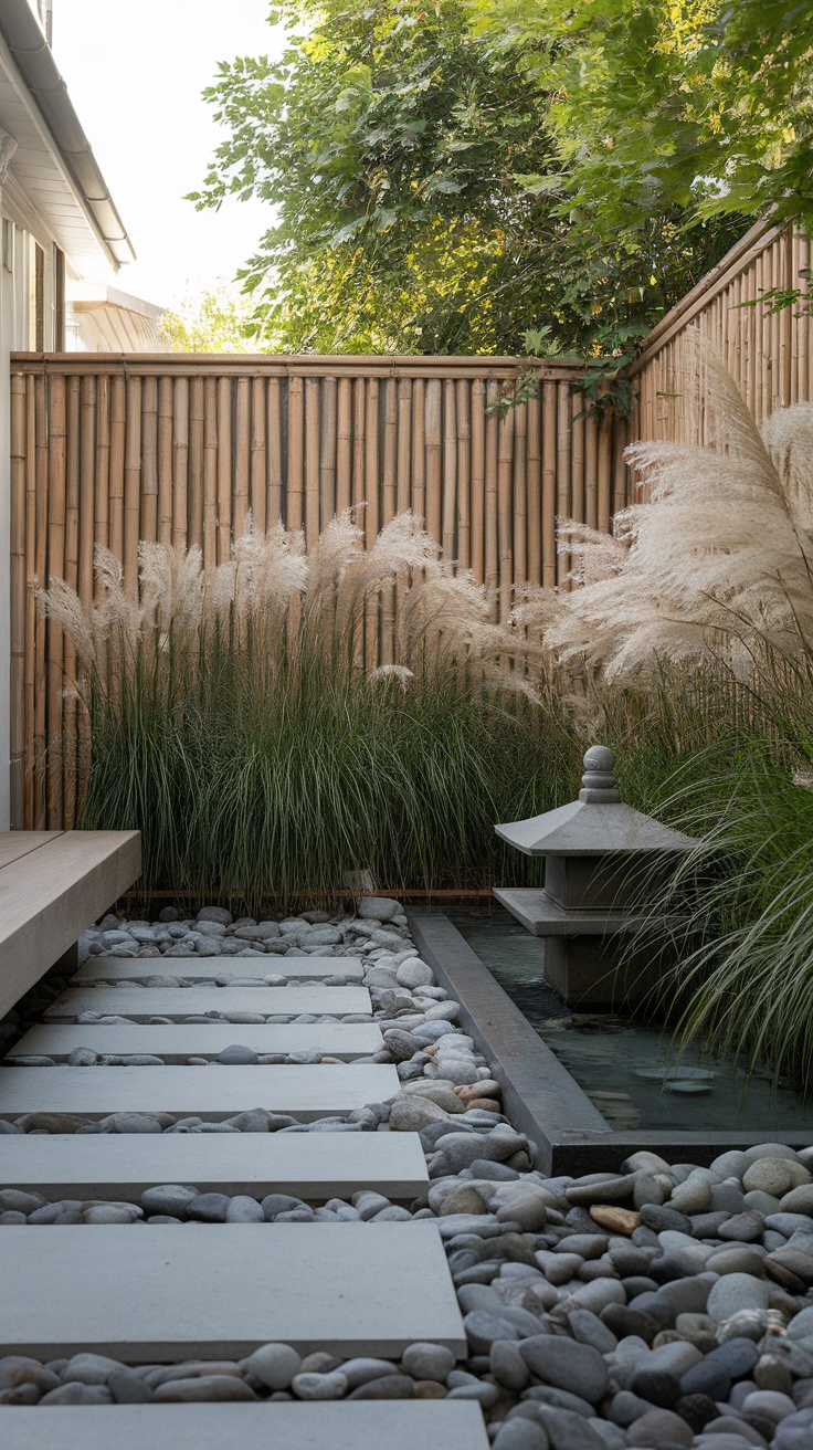 A serene Japanese-inspired courtyard featuring a bamboo fence, stone pathway, and lush greenery.