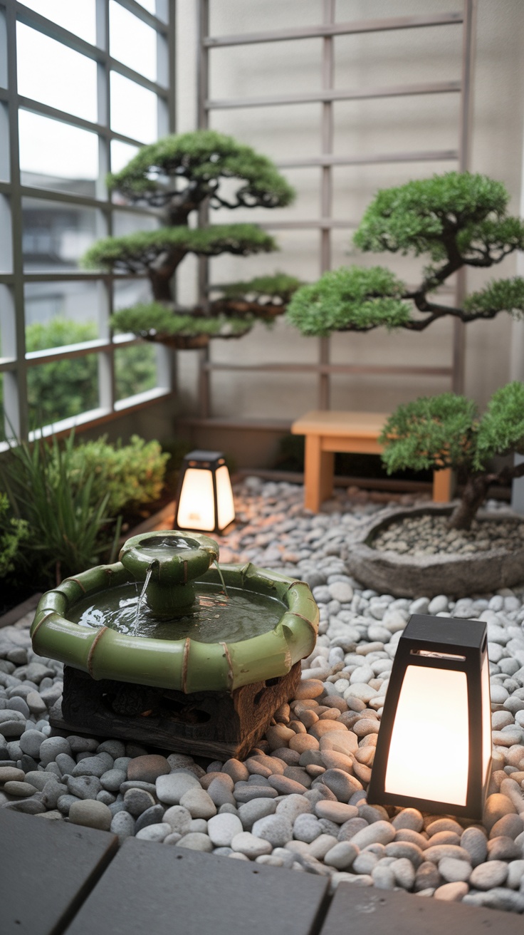 A serene Japanese Zen garden on a balcony with a bamboo fountain, smooth pebbles, bonsai trees, and lanterns.