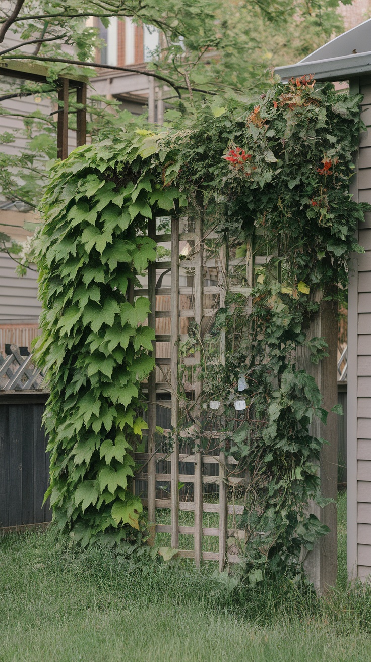 A wooden trellis covered in green vines, creating a natural privacy screen in a garden.