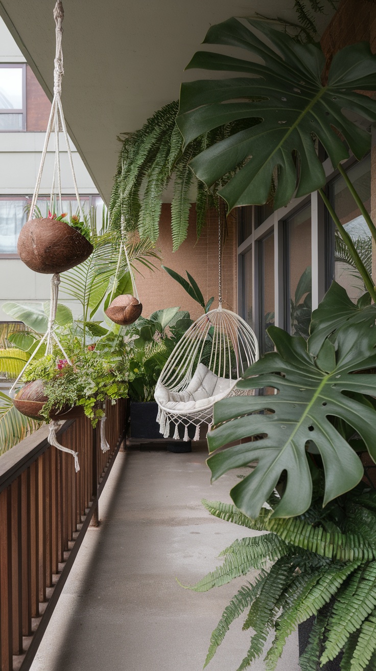 A balcony garden with hanging planters, a cozy swing chair, and various lush plants, creating a tropical vibe.