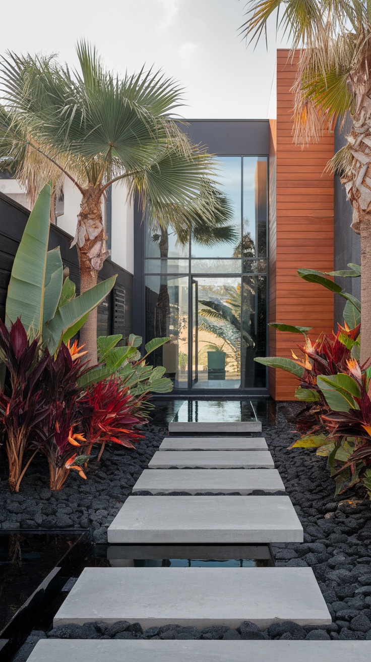 A modern front yard featuring tropical plants, a concrete pathway, and a water feature.