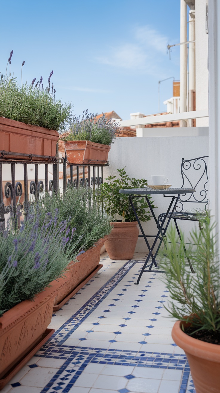 A Mediterranean-style balcony with lavender plants in terracotta pots, a small table, and decorative tiles.