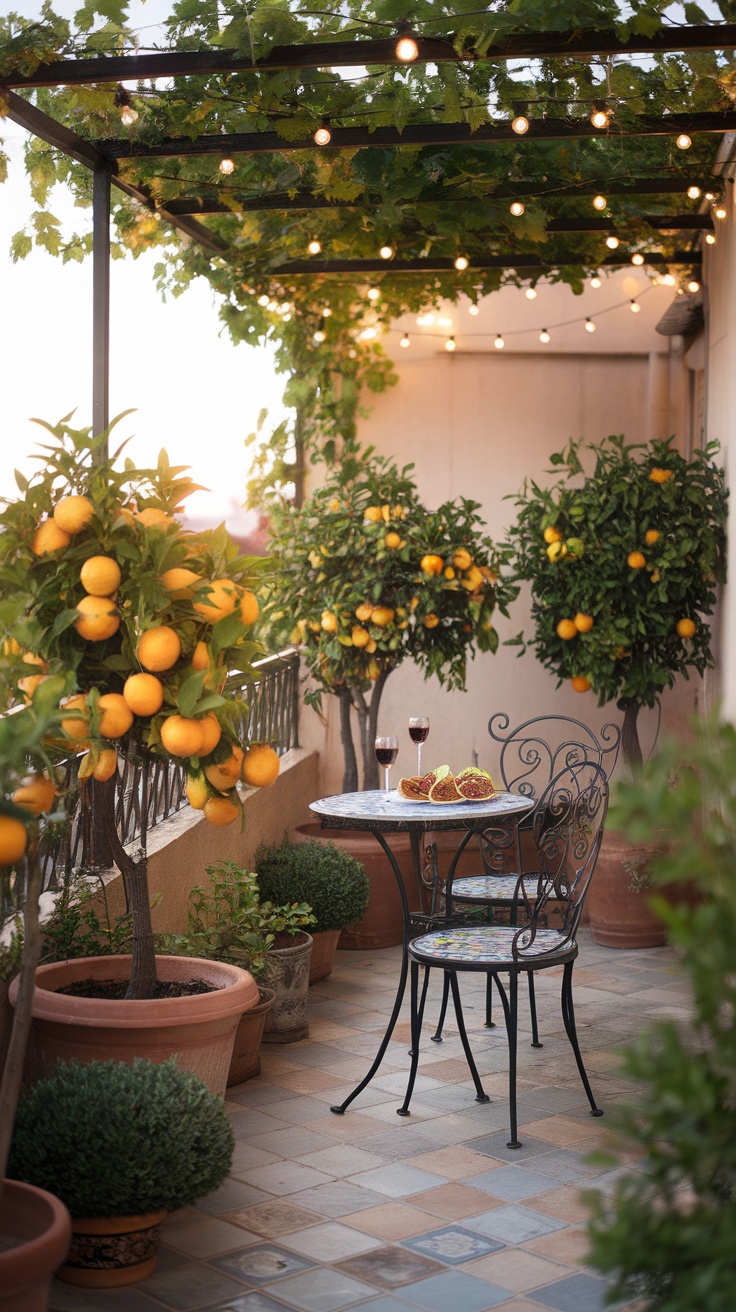 A cozy balcony garden with citrus trees, a table set for two, and string lights.