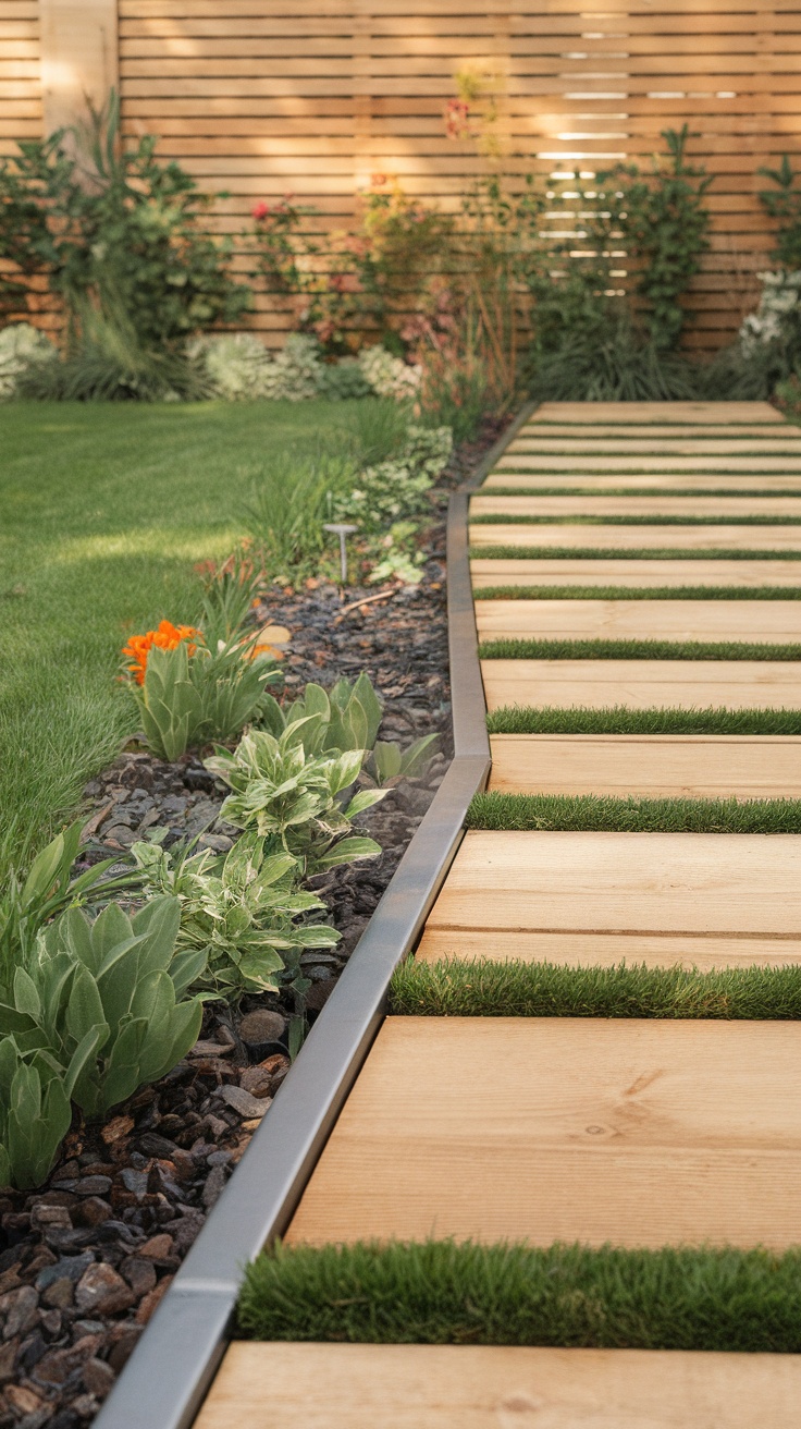 A stylish outdoor pathway featuring a metal and wood combination border, with lush greenery and colorful flowers alongside.