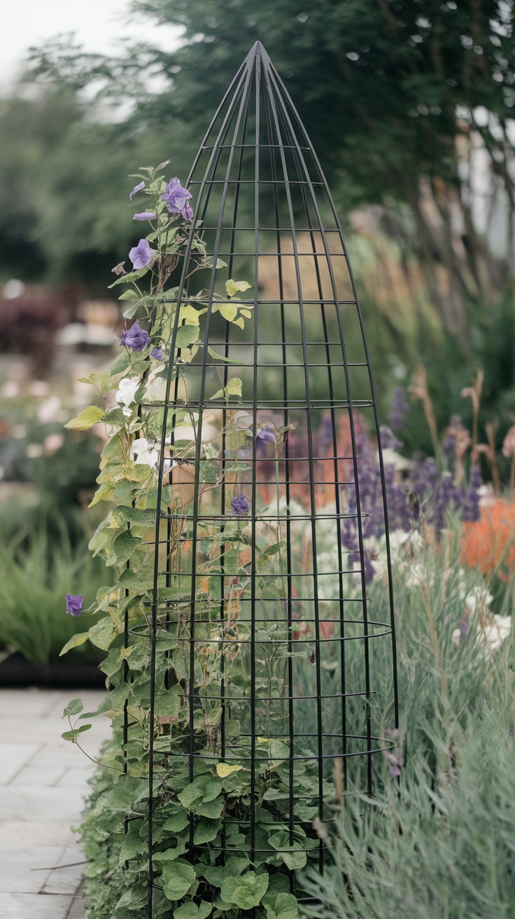 A black metal obelisk trellis with climbing plants and flowers in a garden