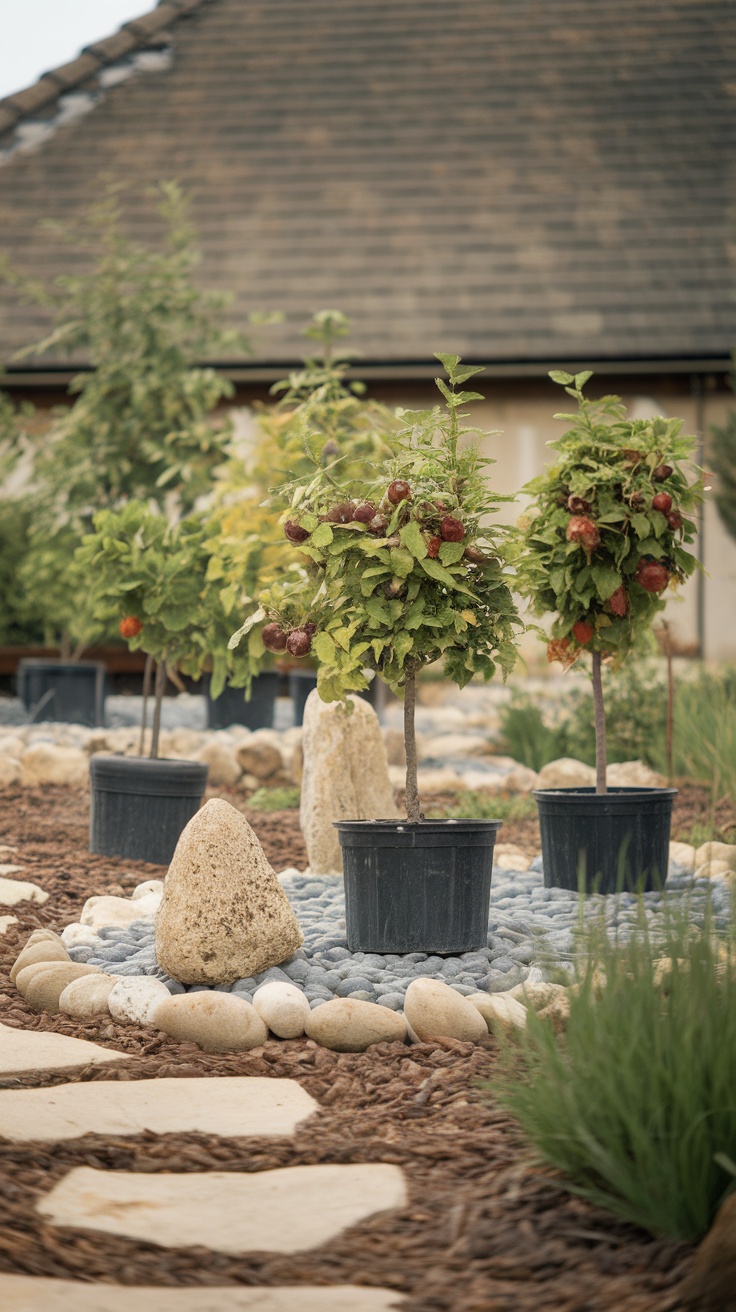 Miniature fruit trees in pots with ripe fruit, arranged in a small garden