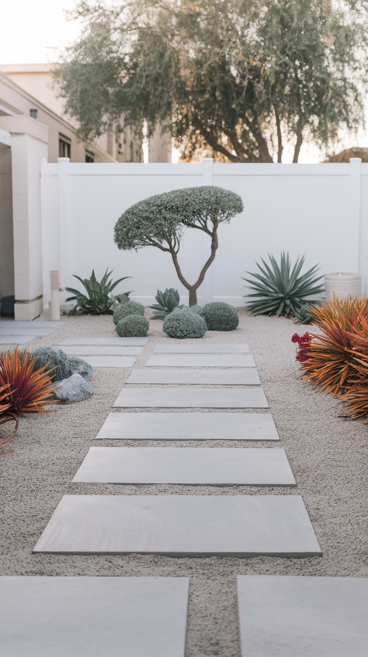 A minimalist garden featuring gravel accents, stone pathway, and vibrant plants with a trimmed tree.