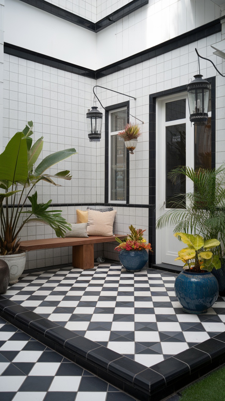 A minimalist patio featuring black and white tiles, a wooden bench with cushions, and various potted plants