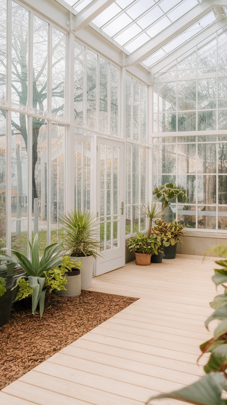 Interior of a minimalist glass greenhouse with plants and wooden flooring.