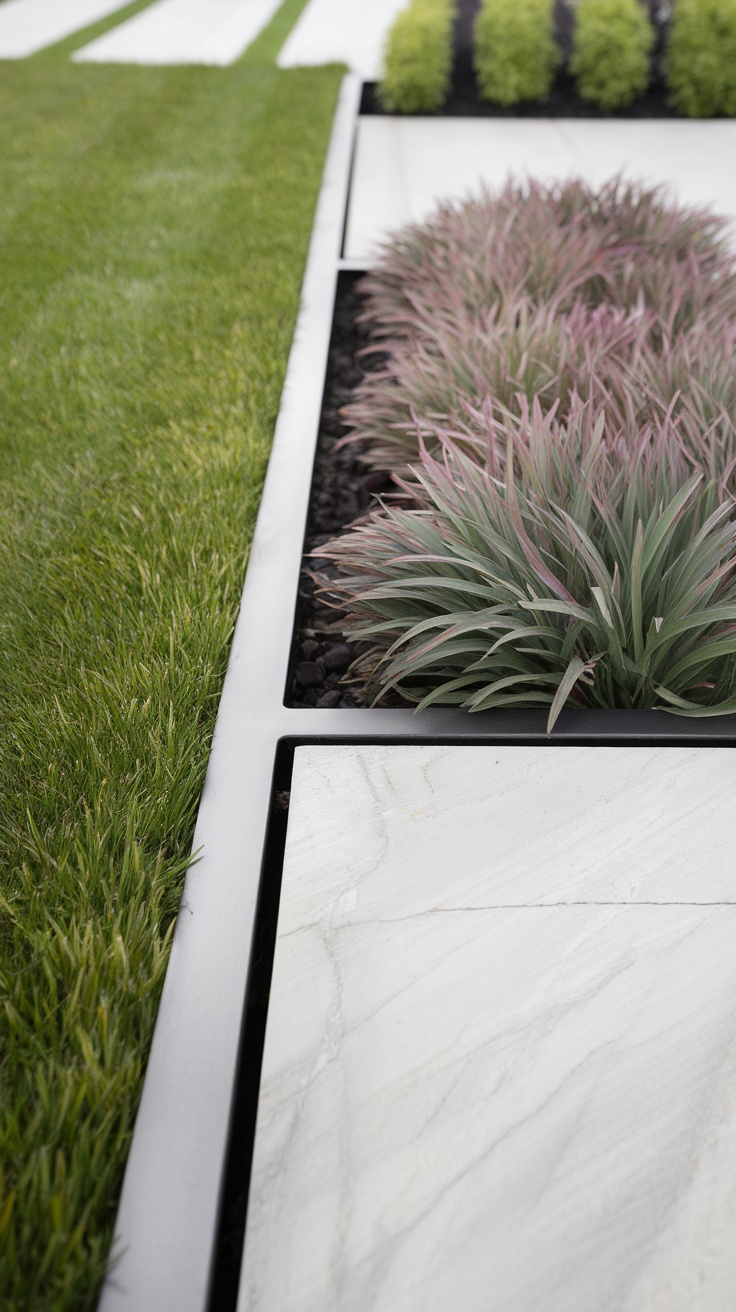 A close-up view of modern metal garden edging separating grass, stone paths, and colorful plants