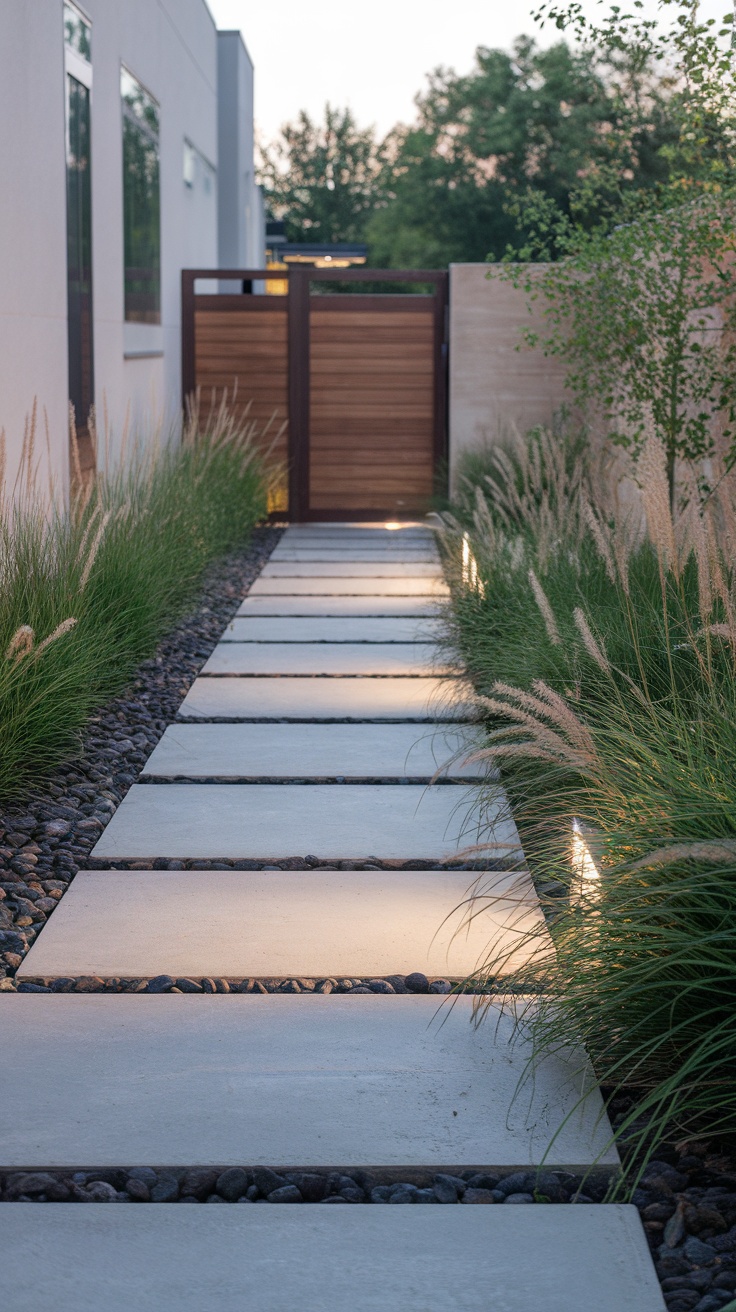 A modern minimalist pathway lined with concrete slabs and grass.