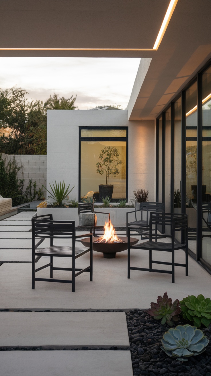 A modern minimalist patio showcasing a fire pit and sleek black chairs.