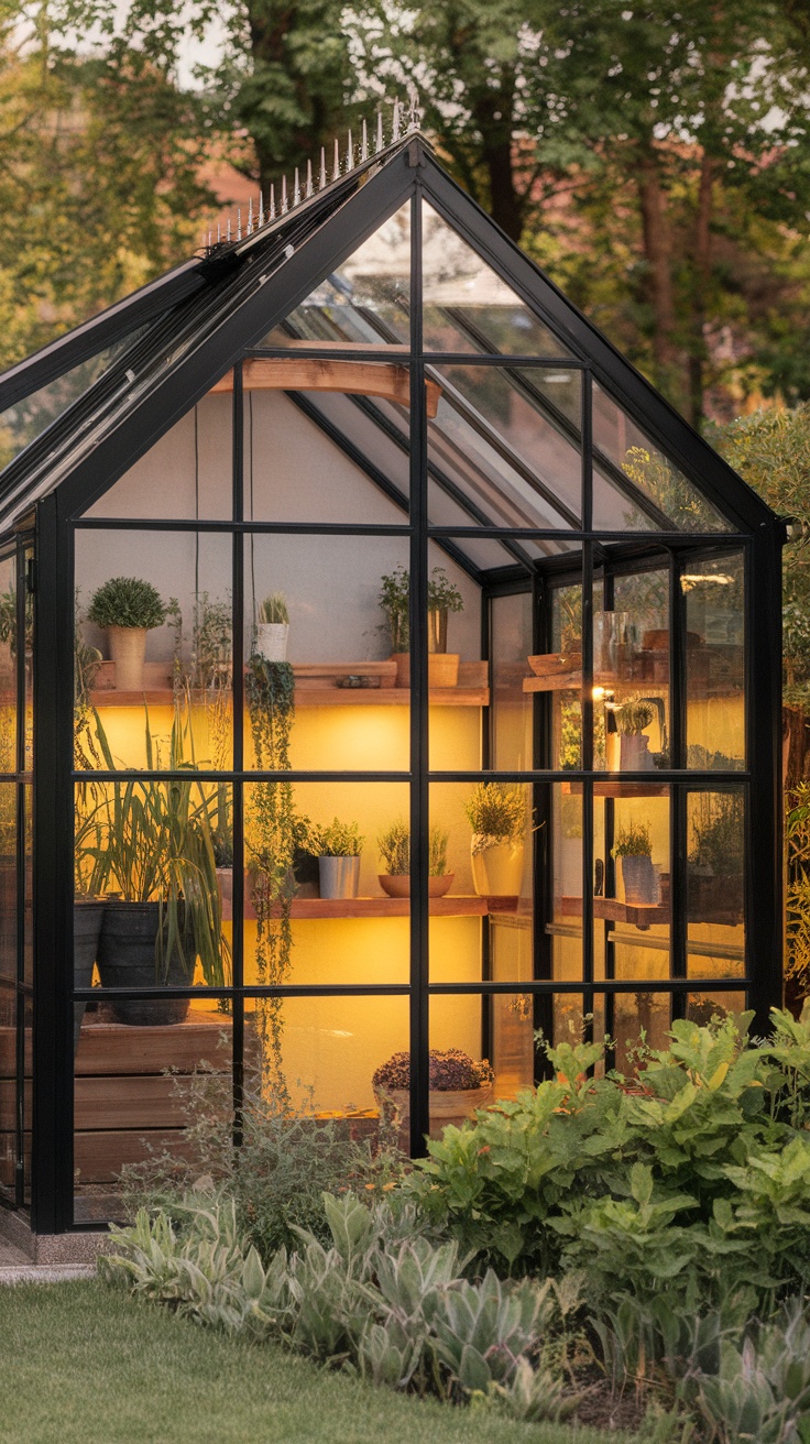 A modern greenhouse with glass walls and warm lighting showcasing various plants.