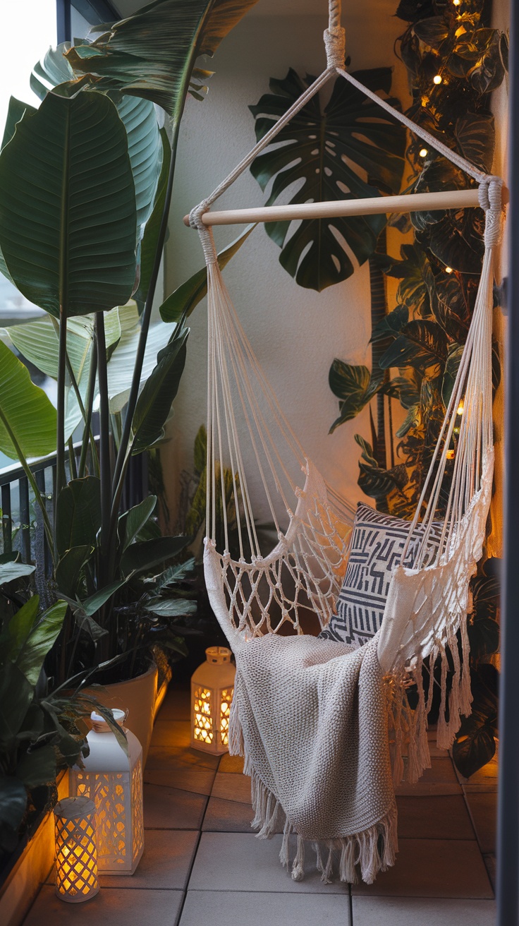 Cozy boho balcony garden with a hammock chair surrounded by tropical plants and soft lighting.