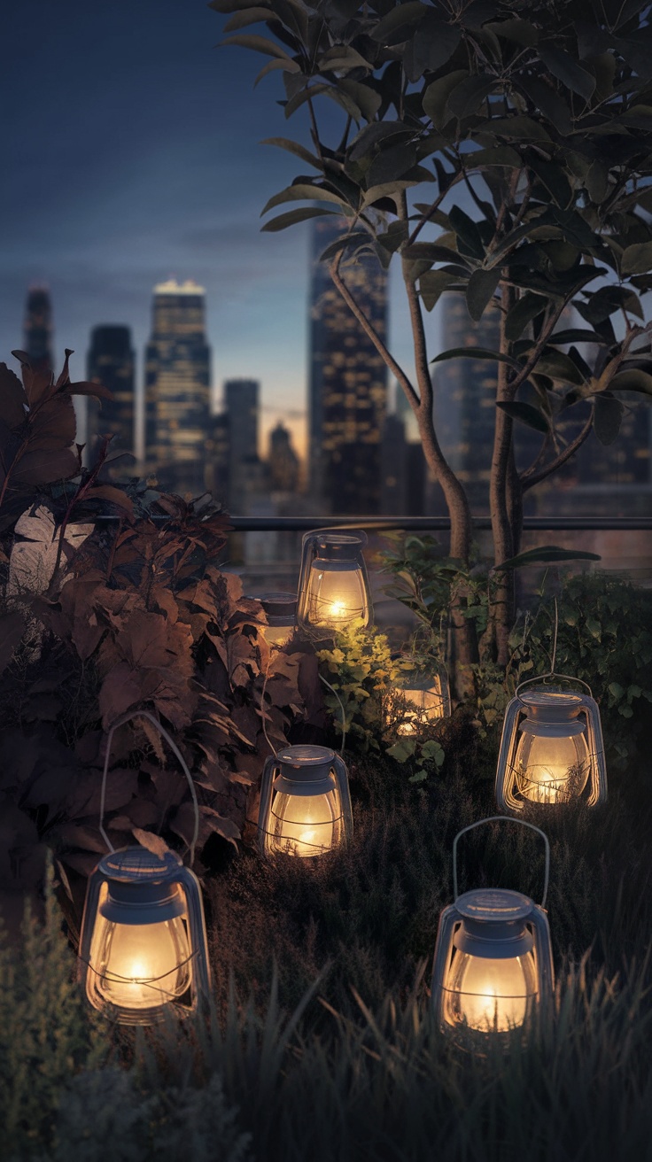 A beautifully lit balcony garden at night with lanterns and green plants against a city skyline.