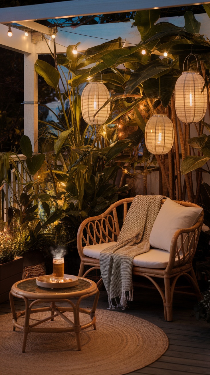 Cozy balcony garden with rattan furniture, plants, and soft lighting