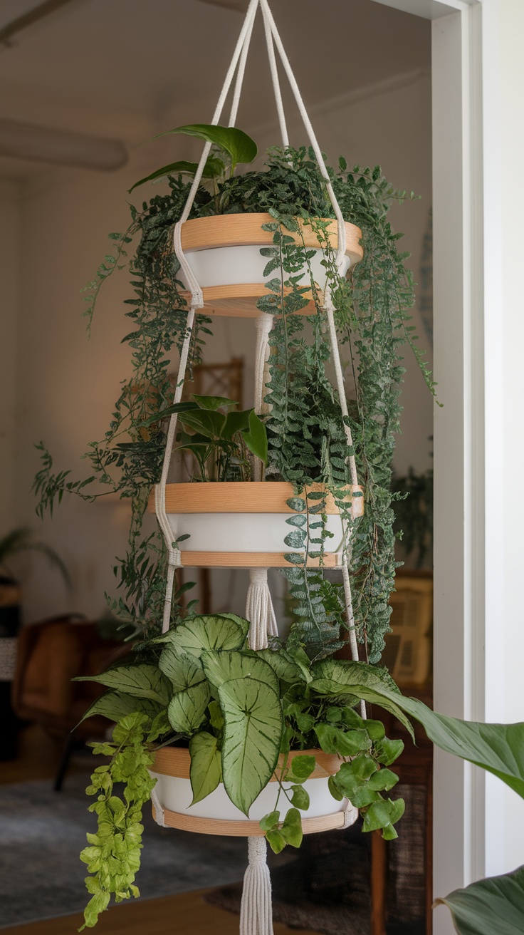 A multi-level hanging plant display stand featuring several pots filled with various indoor plants.