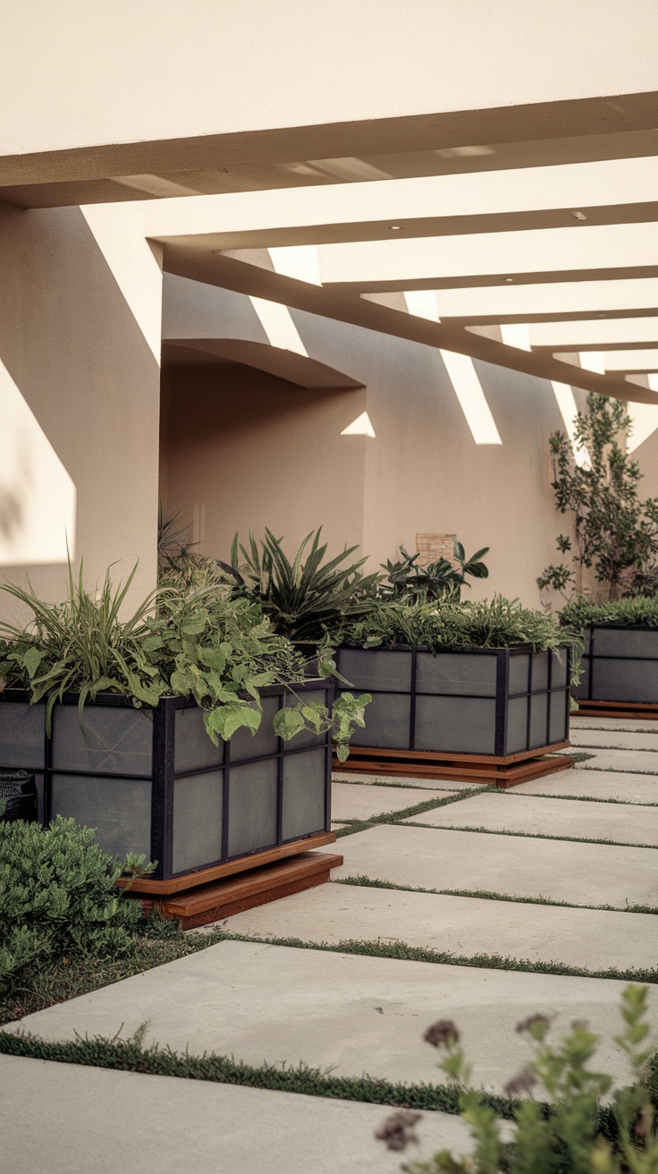 A modern front yard featuring sleek planters filled with greenery, concrete pathways, and architectural elements casting shadows.