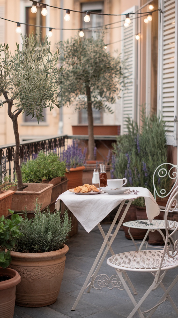 Cozy balcony garden featuring olive trees, lavender, and a small table with drinks and pastries.