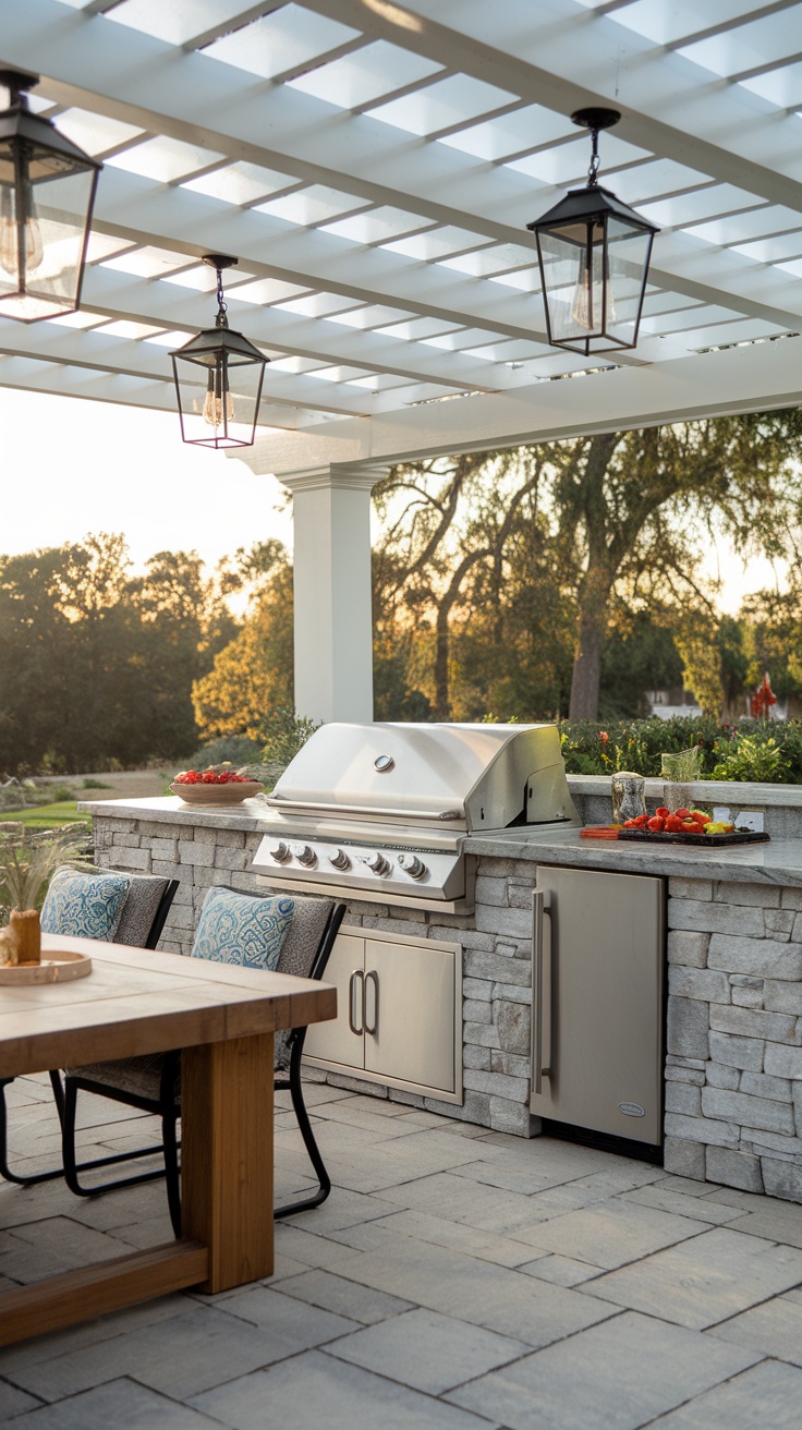 Chic outdoor kitchen with a grill and dining space