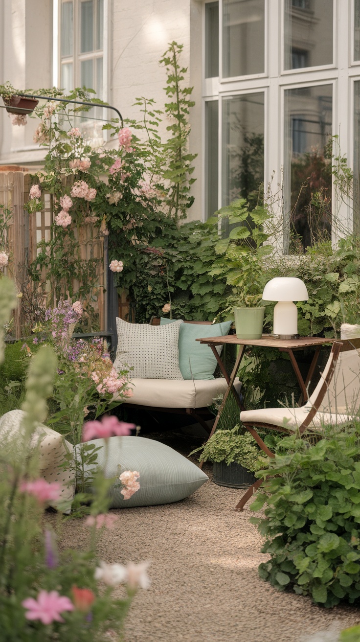 Cozy seating area in a small garden surrounded by flowers and greenery.