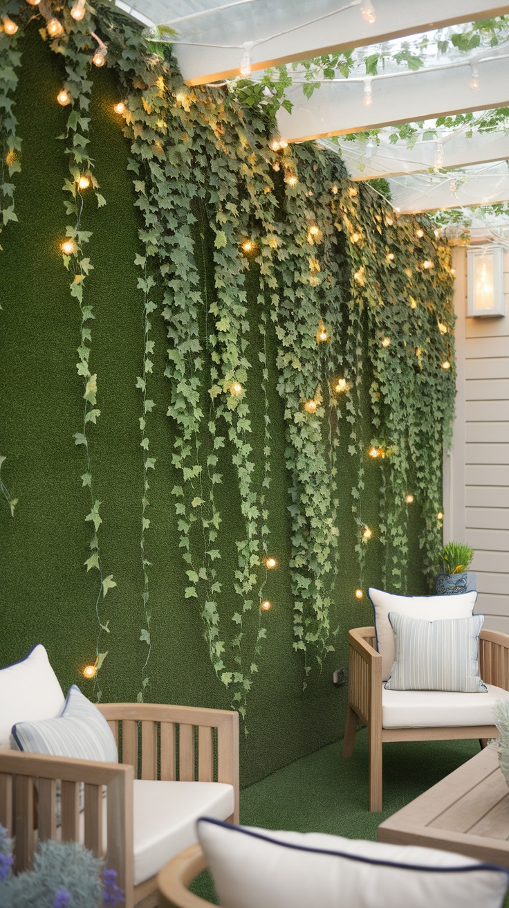 Cozy outdoor patio with an artificial grass wall, cascading ivy, and string lights.