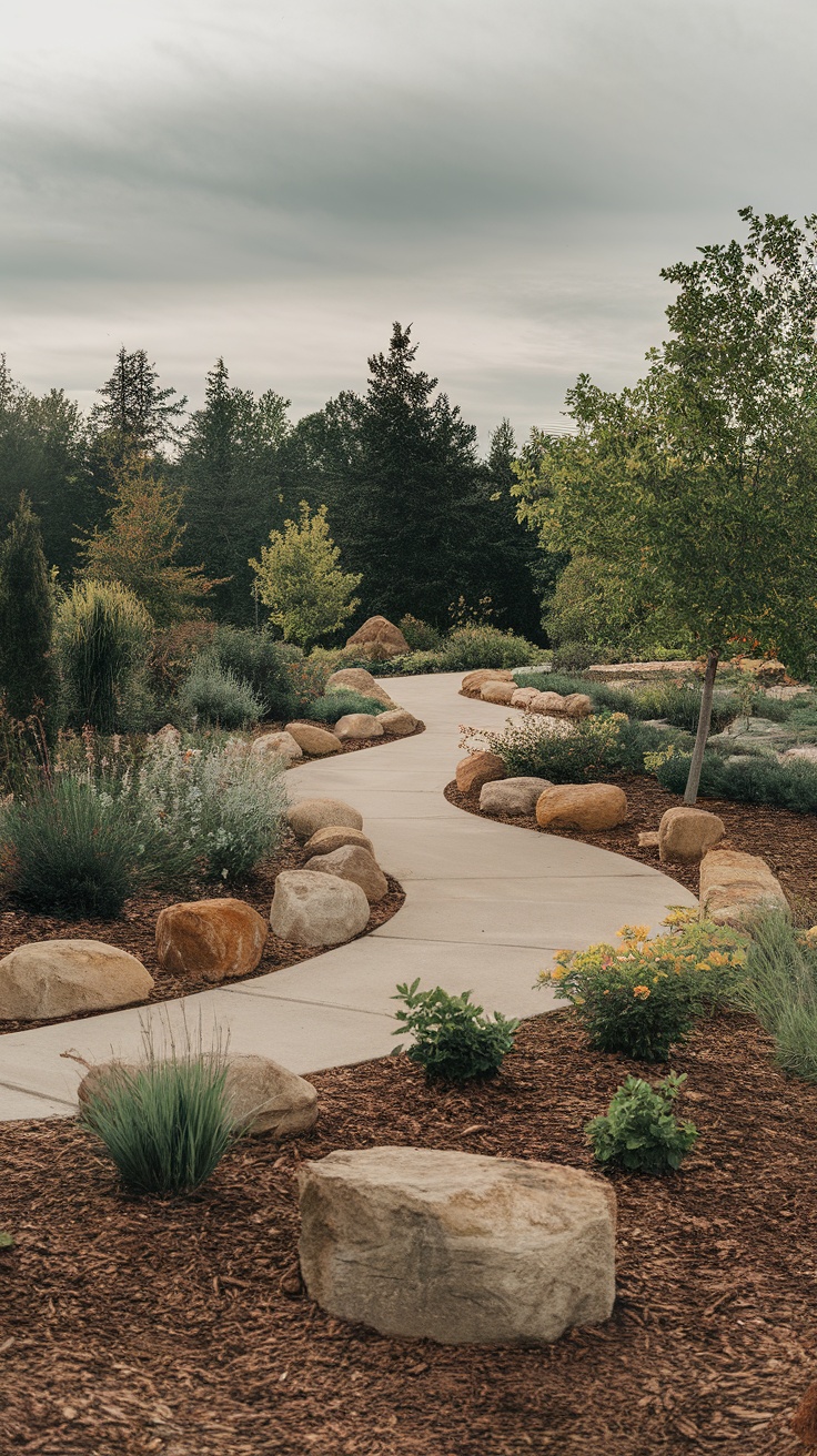 A winding concrete pathway bordered by various boulders amid lush greenery and flowers.