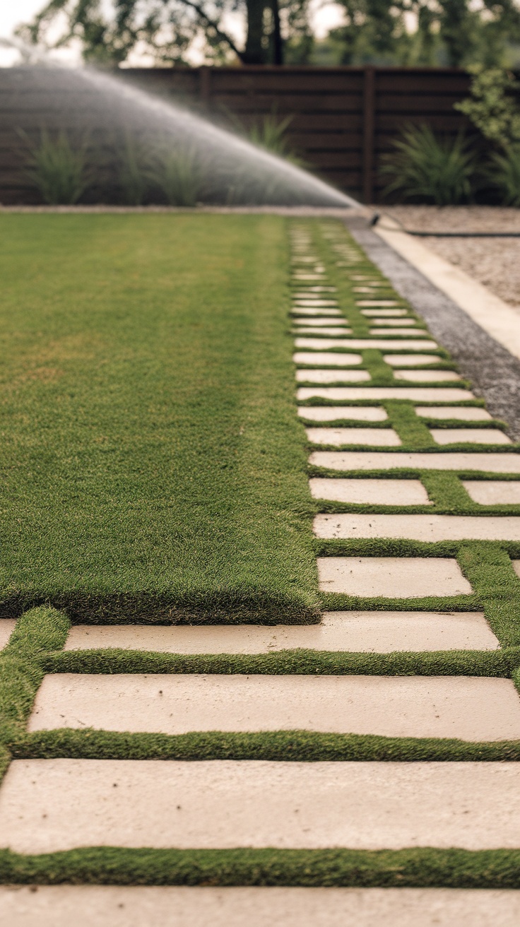 A close view of a garden lawn with a paver stone edge, featuring patches of grass between the stones and a sprinkler in the background.