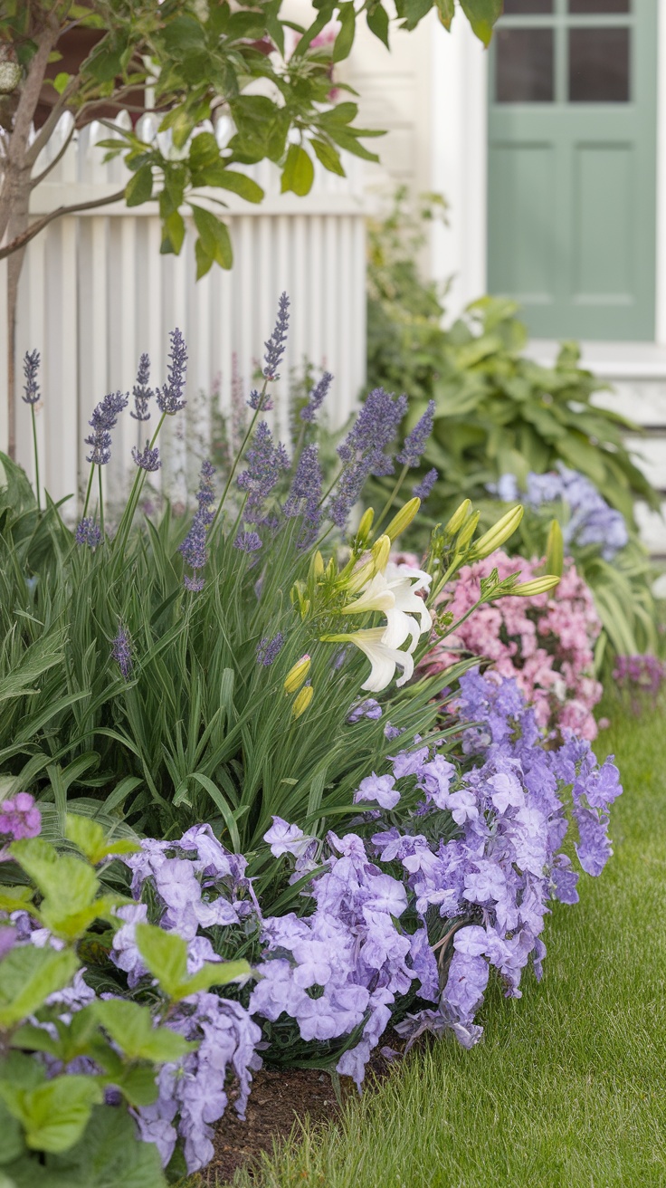 A colorful perennial flower border featuring purple flowers, lavender, and white lilies, enhancing the landscape.