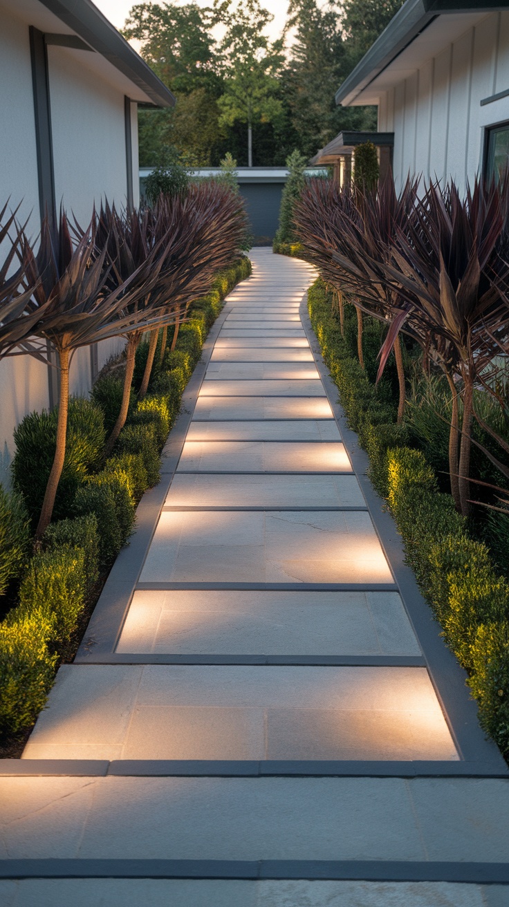 A modern pathway lined with hidden lights and greenery, leading to a home.