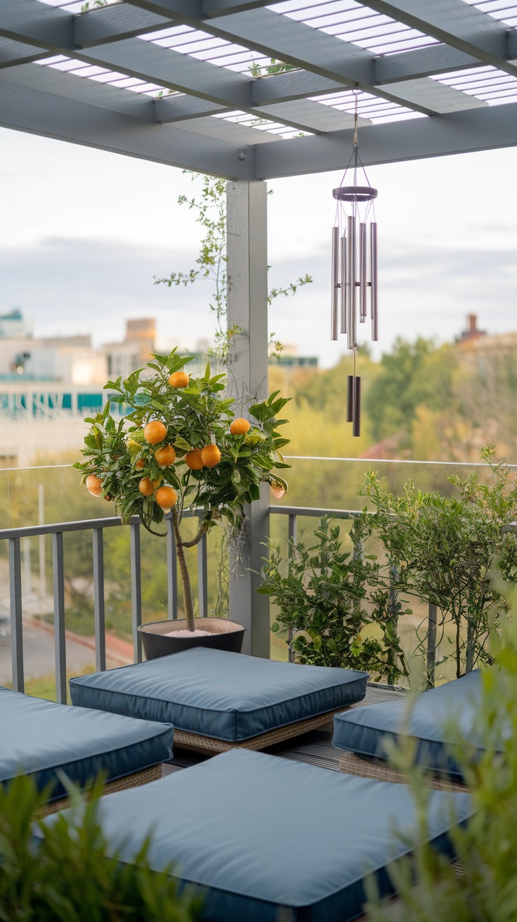 A cozy balcony garden featuring a citrus tree with ripe oranges, comfortable blue cushions, and wind chimes, creating a serene atmosphere on a rainy day.