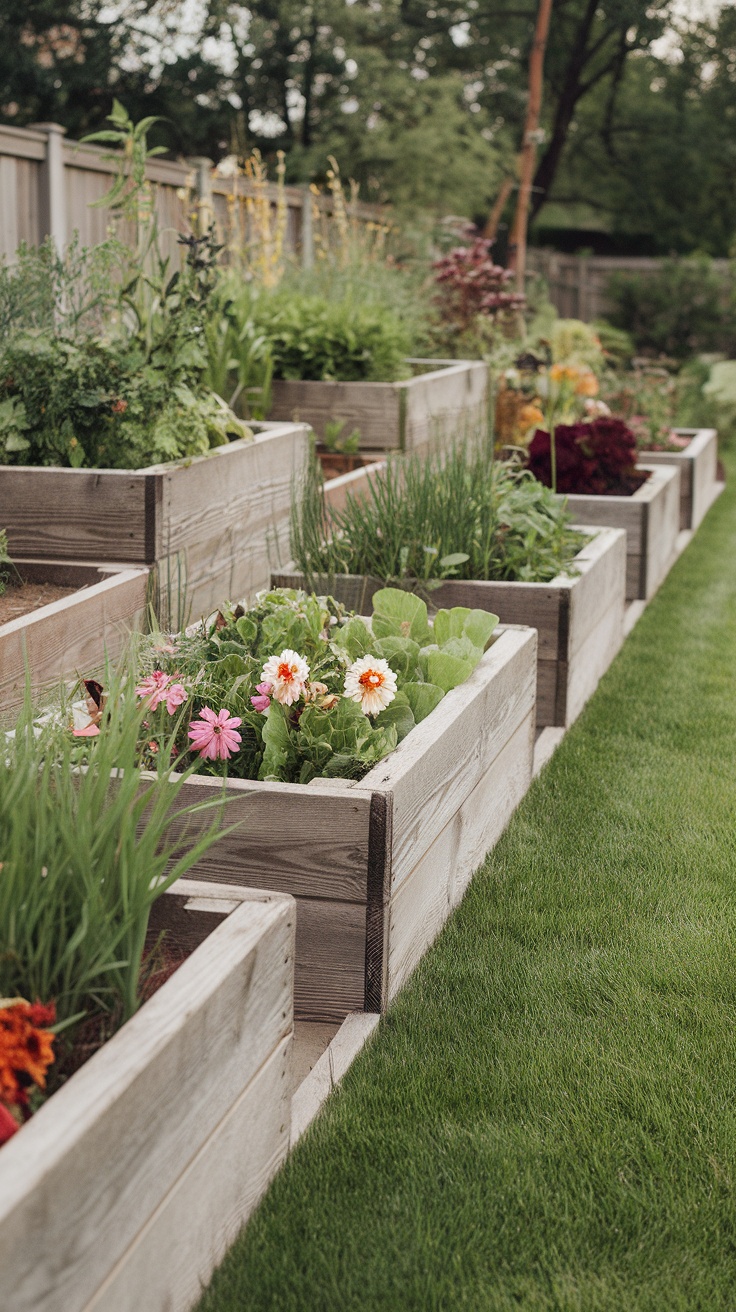 A series of raised garden beds filled with various plants and flowers, arranged on a lush green lawn.