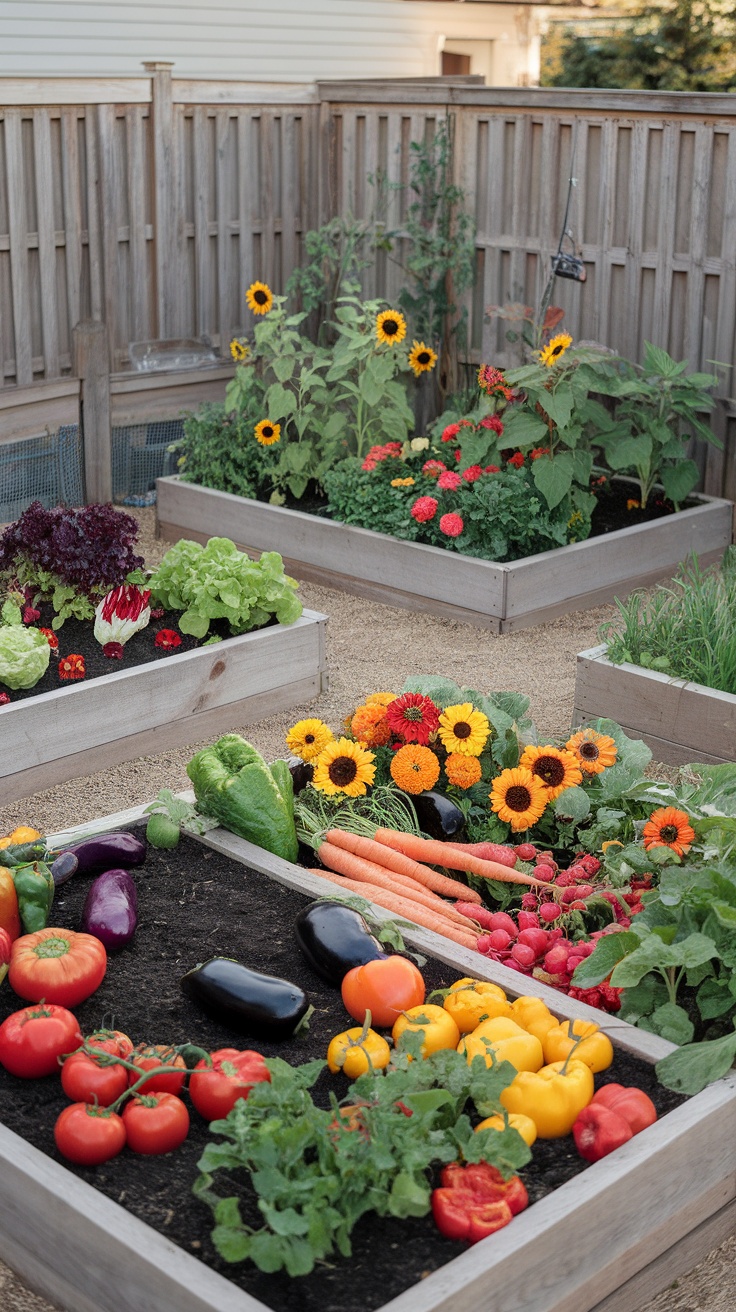 A small garden with raised beds filled with colorful vegetables and flowers, showcasing a variety of produce.