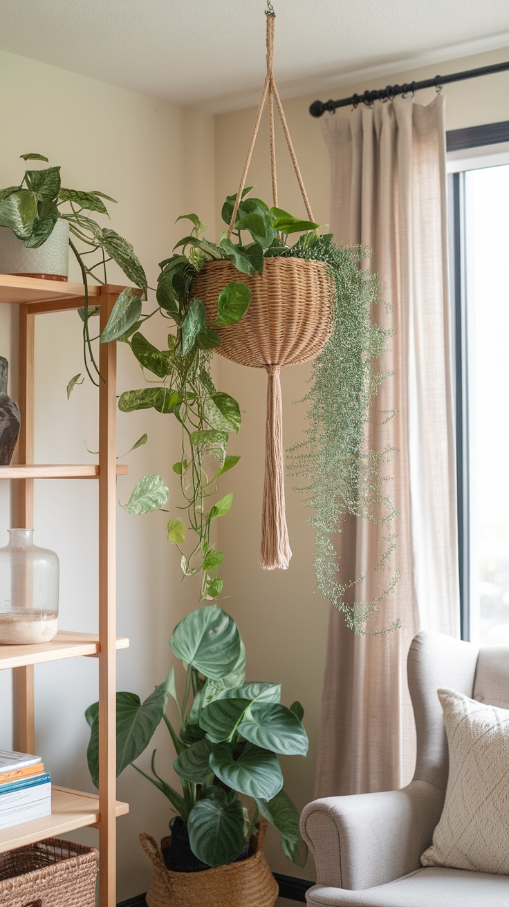 Indoor plants in rattan hanging baskets near a window