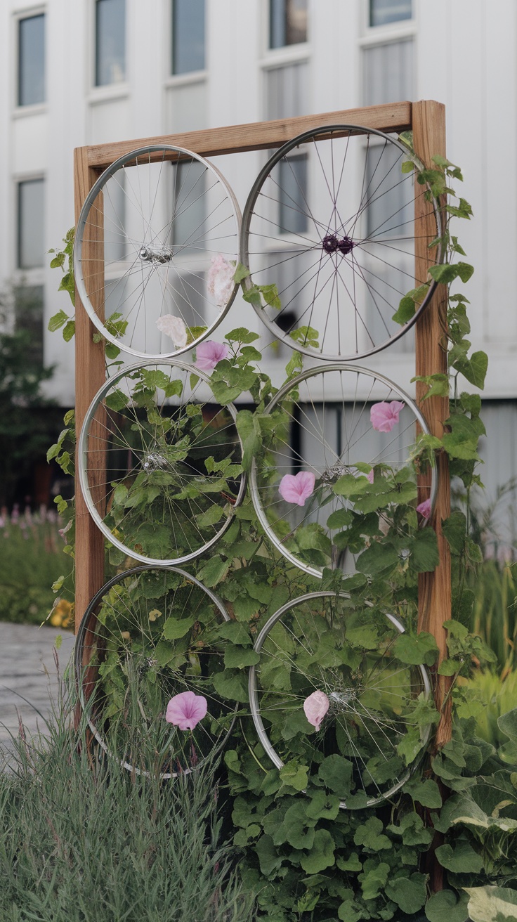 A garden trellis made of recycled bike wheels with green vines and pink flowers.