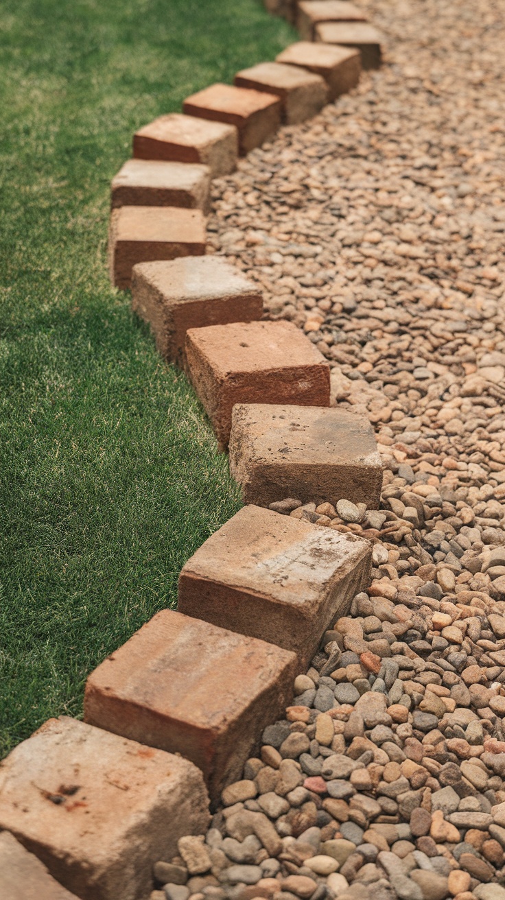 A curved border made of recycled bricks alongside a gravel pathway.