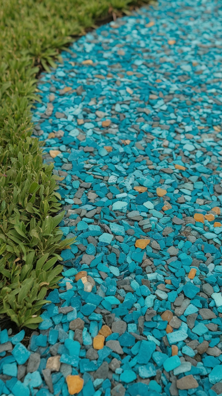 Recycled glass mulch in vibrant blue color bordering a grassy area