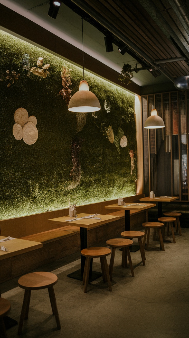 Interior of a restaurant featuring an artificial grass wall and wooden tables.