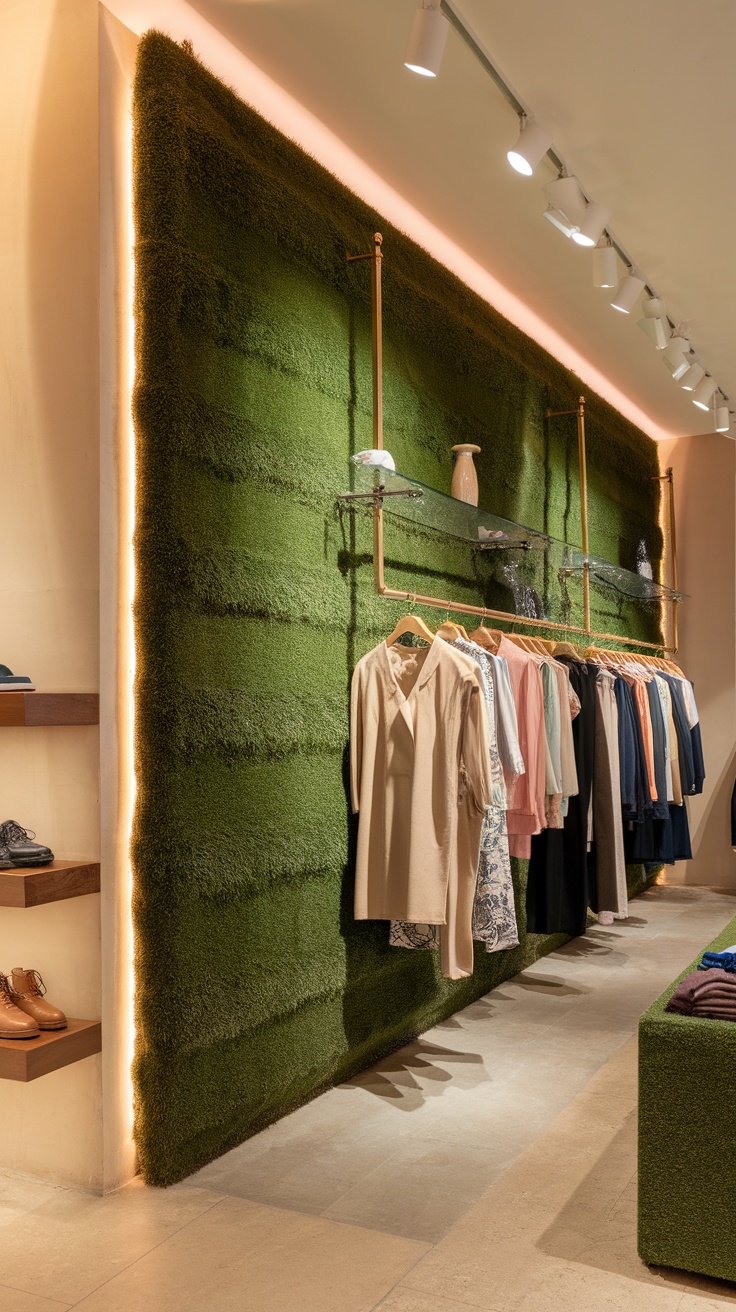 Interior of a retail store featuring a vertical grass wall display with clothing hanging on racks