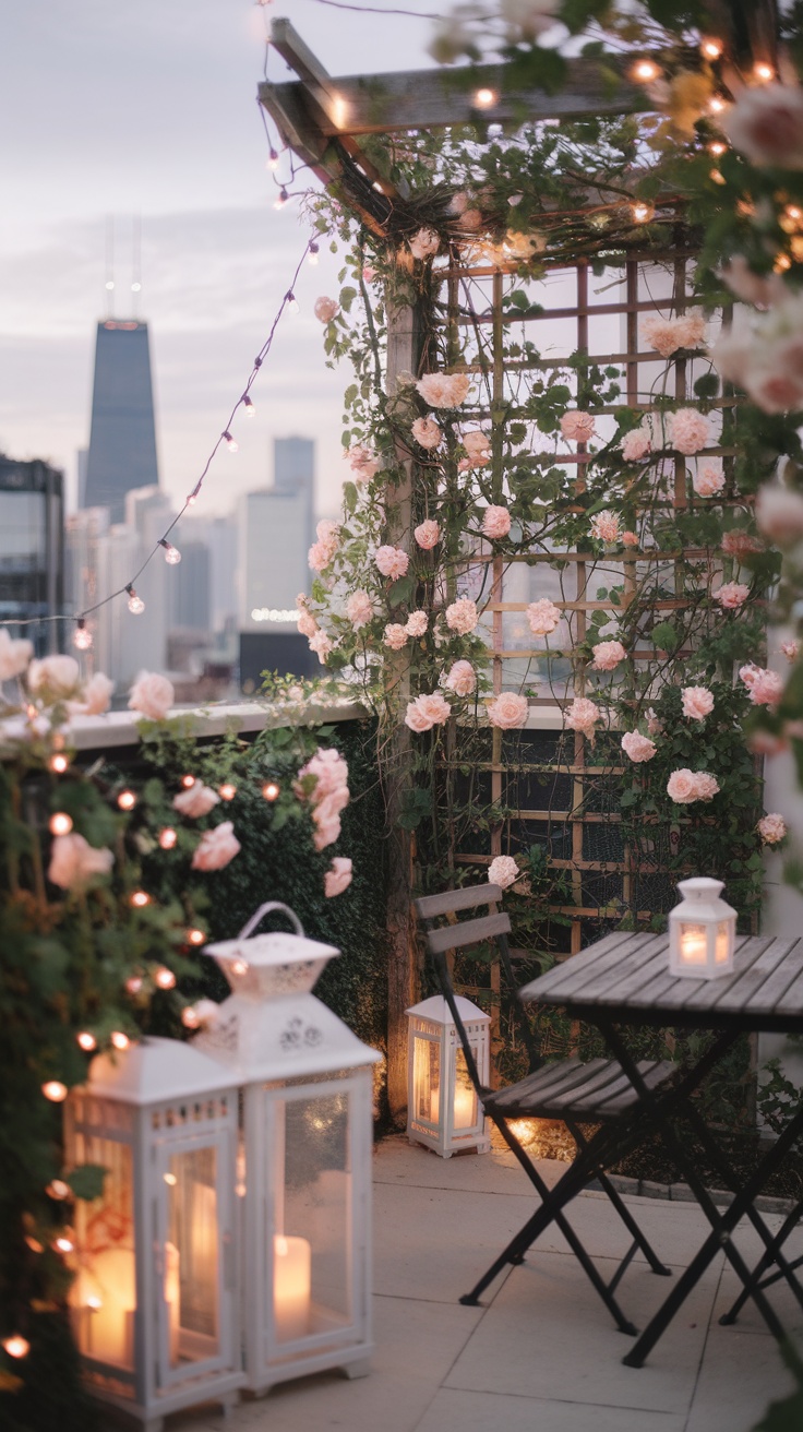 A romantic balcony garden with pink roses, lanterns, and a wooden table.