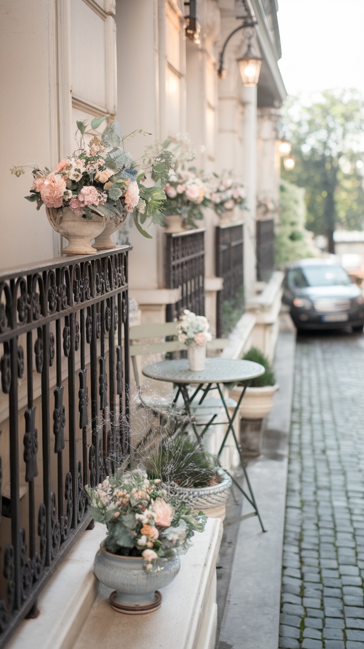 A romantic Parisian balcony with floral arrangements and a small table.